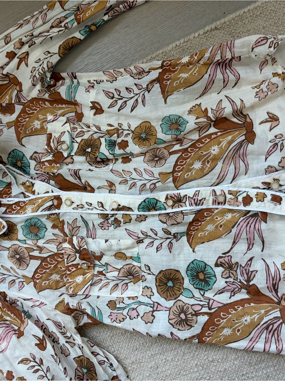 Spartina 449 Floral Button-Front Blouse in White, Brown, Teal, and Pink